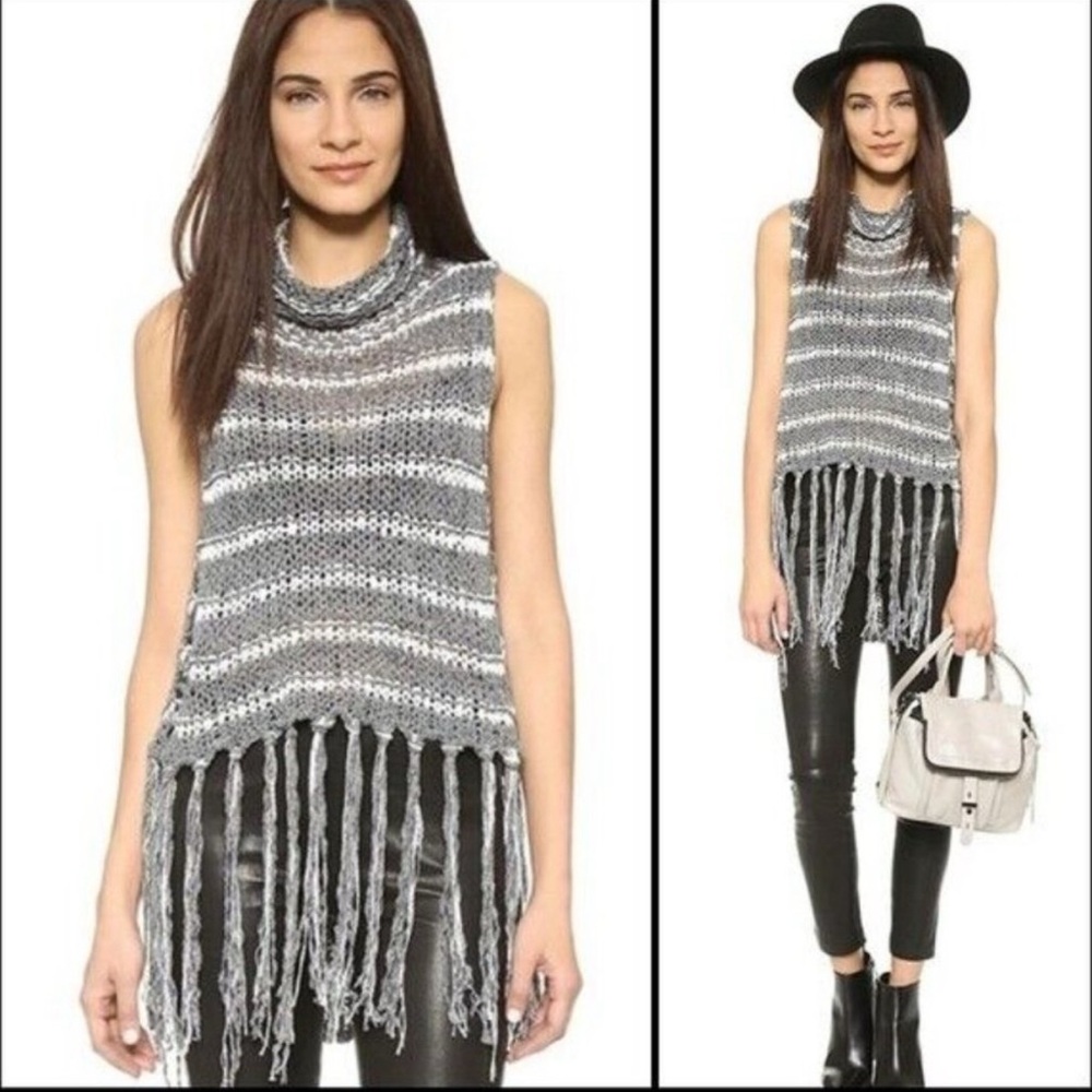 FREE PEOPLE Folksong Fringe Knit Vest Tunic Sweater Charcoal/Ivory Size Small